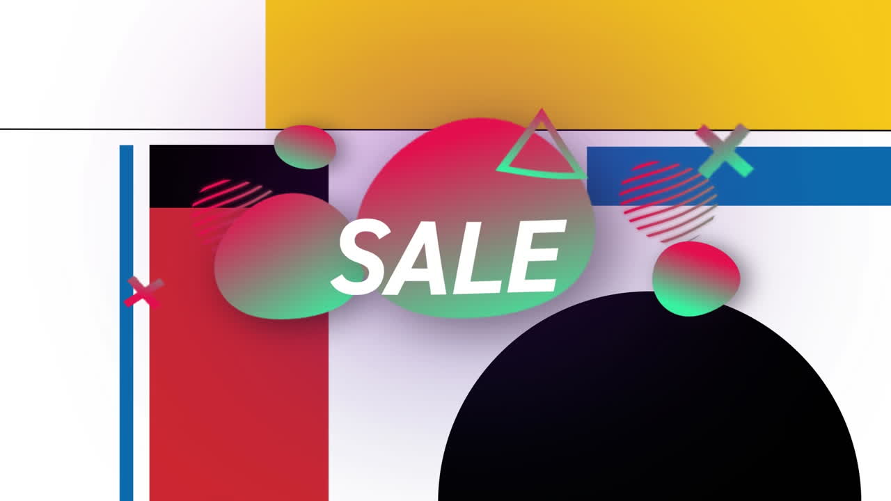 animación digital de texto de venta sobre formas abstractas de colores sobre fondo blanco