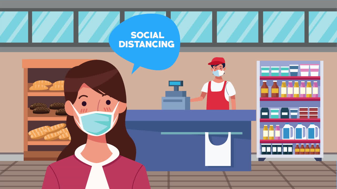 슈퍼마켓 판매자와 여성 고객과의 사회적 거리 두기 캠페인