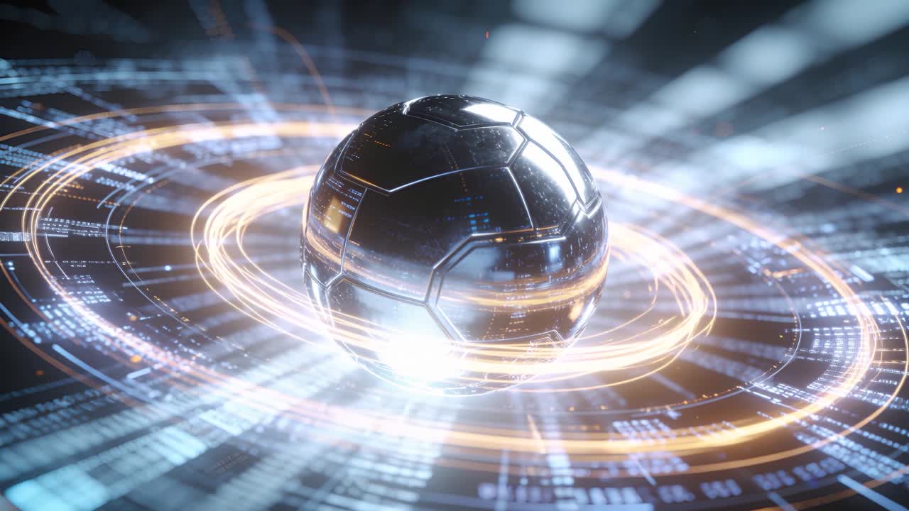 Hovering paneled metallic orb rotating above digital plane, golden ring forming and activating grid