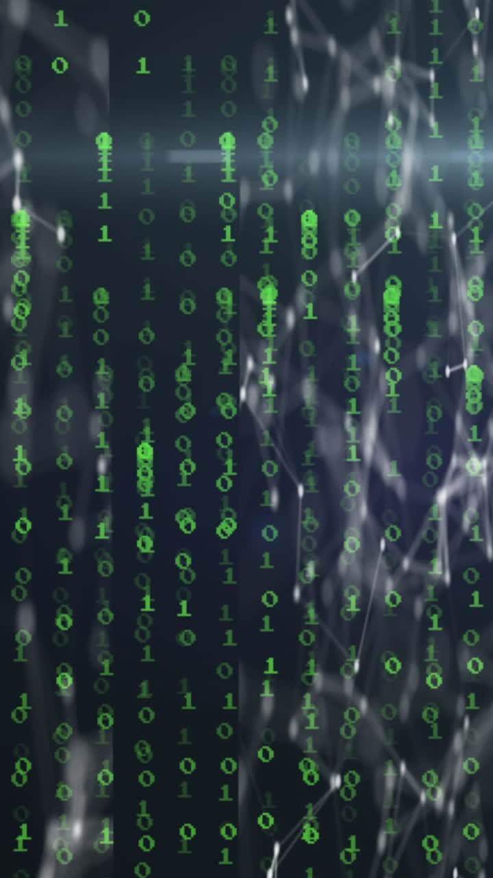 animación de codificación binaria y procesamiento de datos a través de una red de conexiones