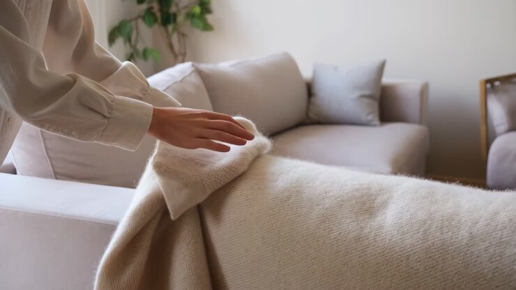 Persona che sistema una morbida coperta lavorata a maglia su un divano in un soggiorno