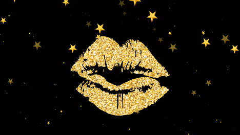 animación de labios dorados y estrellas doradas sobre la nieve que cae sobre un fondo negro