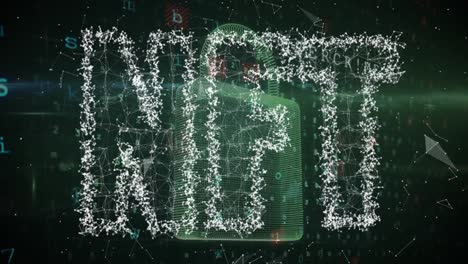 animación del banner de texto nft contra el icono de candado de seguridad cibernética y procesamiento de datos