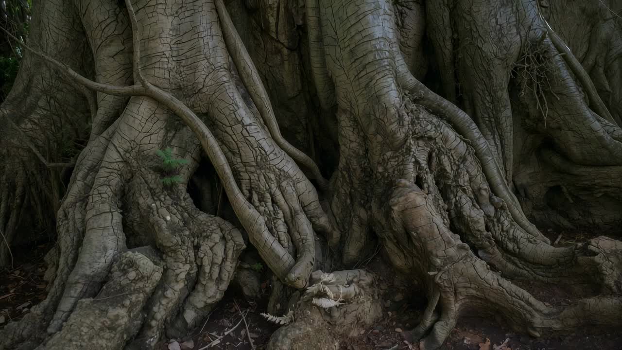 Panning and zooming camera tightening on buttress roots at forest floor, revealing sapling