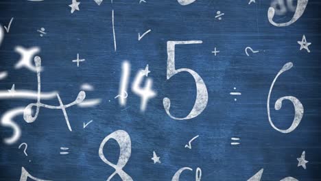animación digital de múltiples iconos de conceptos escolares contra símbolos matemáticos en fondo azul