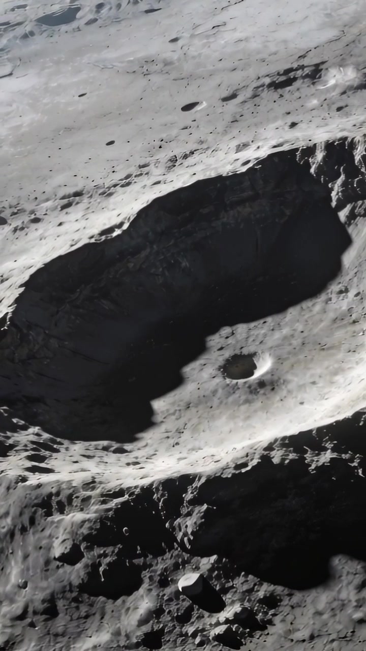 Video verticale: Ripresa fluida che rivela un cratere sulla luna, mostrando un cratere secondario e enfatizzando la profondità.