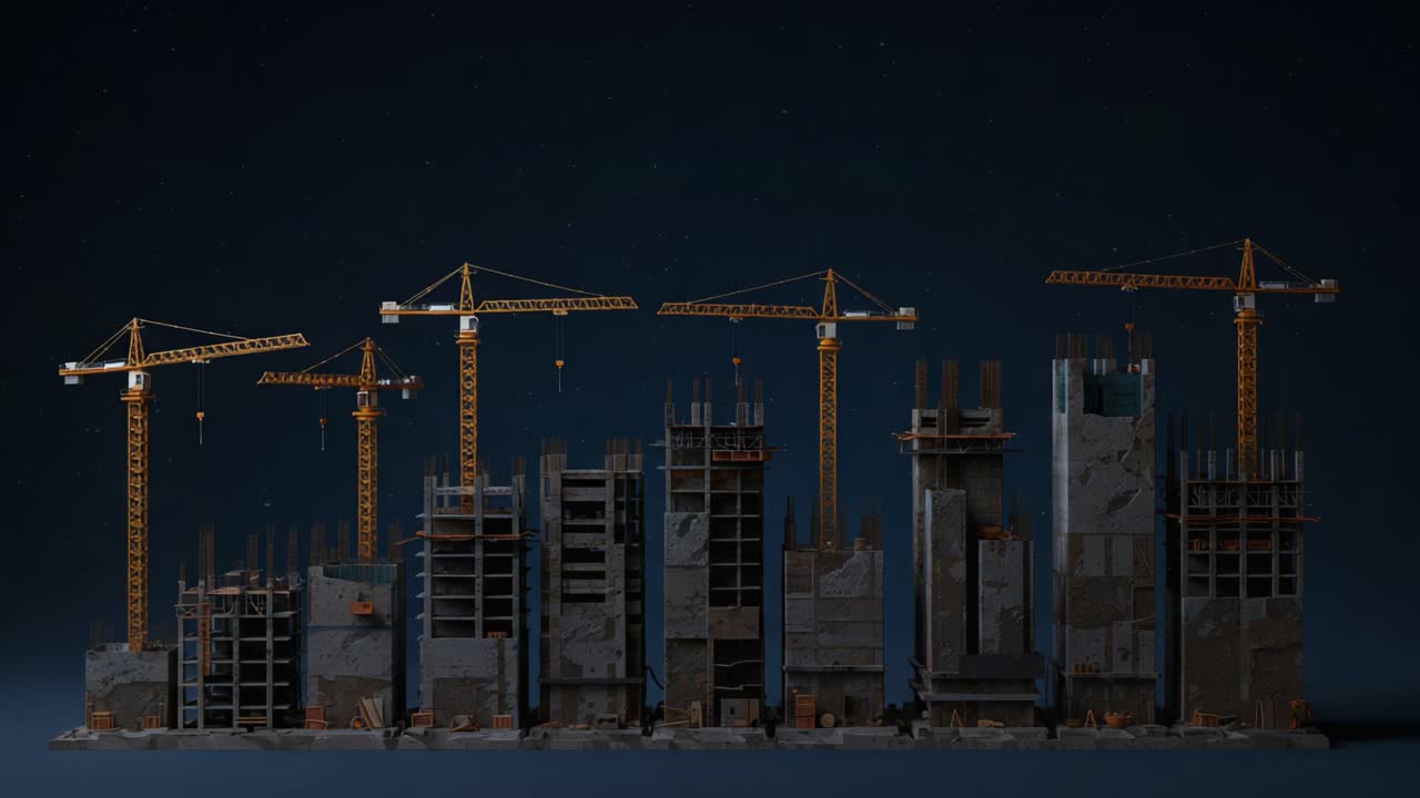 A Stunning Showcase of Urban Development: A Comparison of Construction Progress in Two Stages with Tower Cranes and Structures Against a Night Sky Backdrop