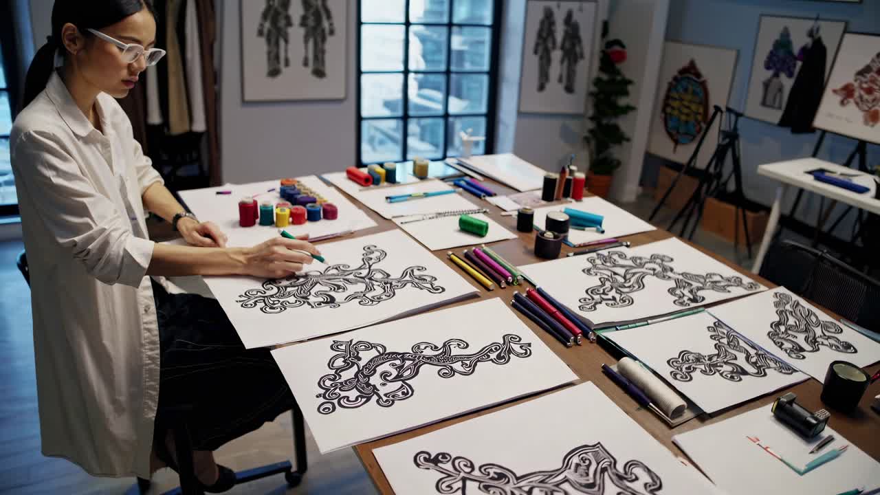 패션 디자이너가 패턴을 만들고 있습니다.