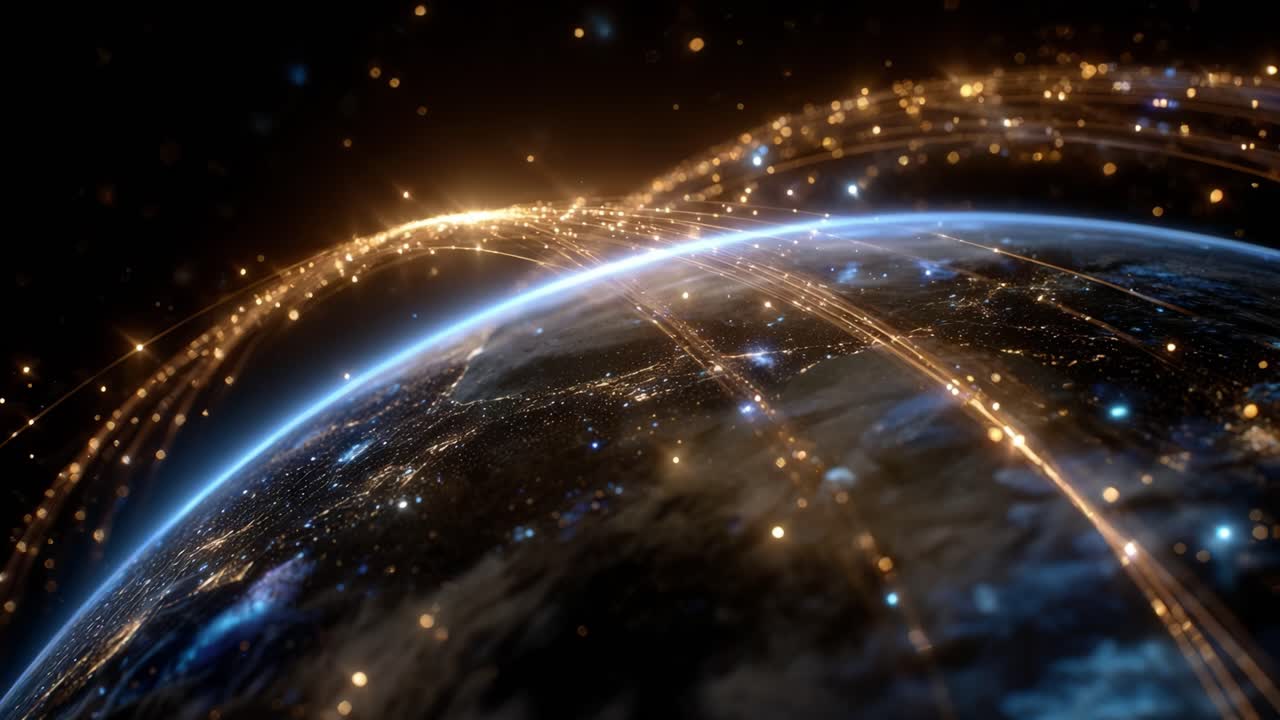 A Stunning View of Earth Illuminated by Dynamic Light Trails Representing Connectivity and Global Interactions Across the Planet's Surface