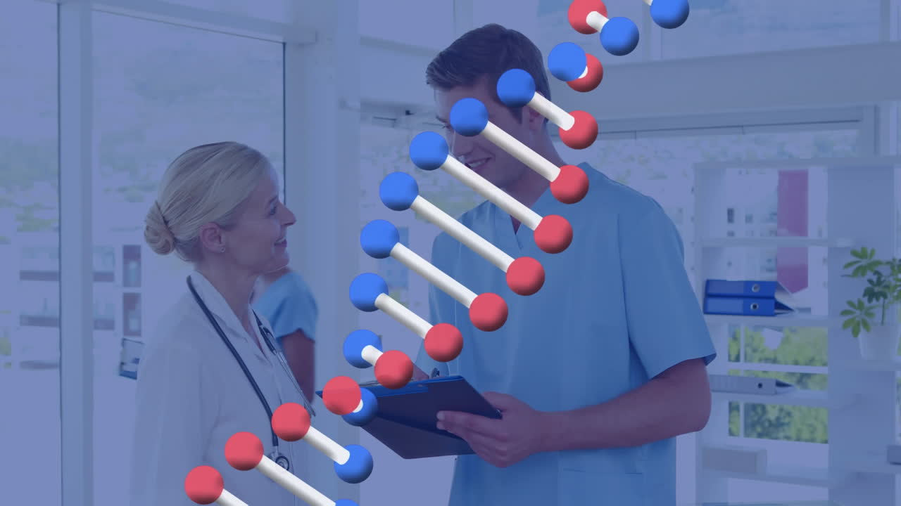 animación de la estructura del adn girando sobre un hombre y una mujer caucásicos que discuten en el hospital