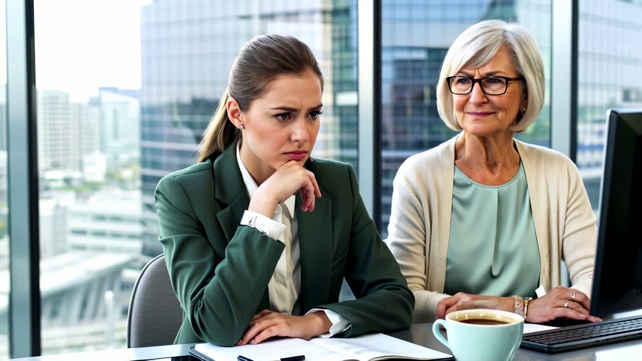 Una delle donne guarda lo schermo del computer con un'espressione corrucciata.