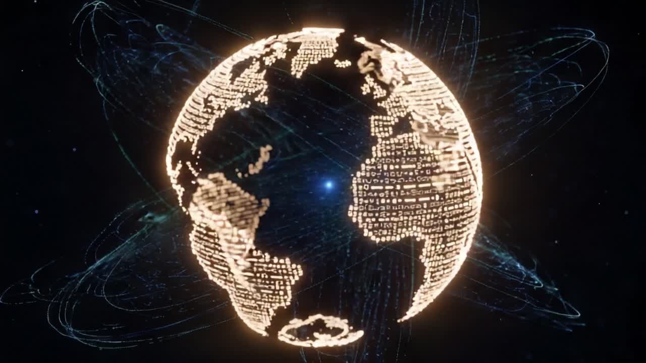 Illuminated Digital Globe Representing Global Connectivity and Information Flow in a Binary World of Data and Technology