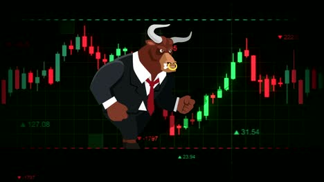 сartoon minotaur bull market 2d animation. stock market trading concept background