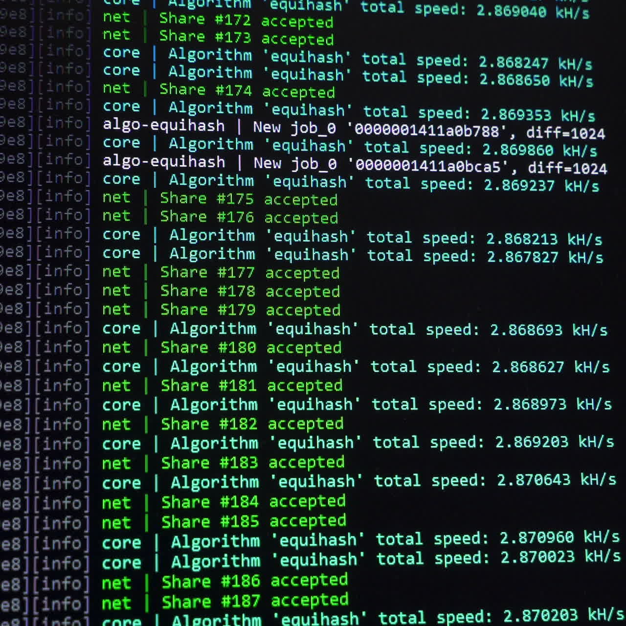 Screen with crypto code. Cryptocurrency. Green digitals. Mining Code