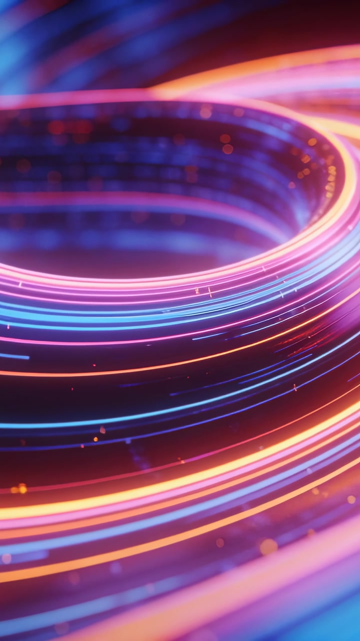 Vertical video: Rotating neon torus in 3D void, camera moving inward revealing hollow to show bands