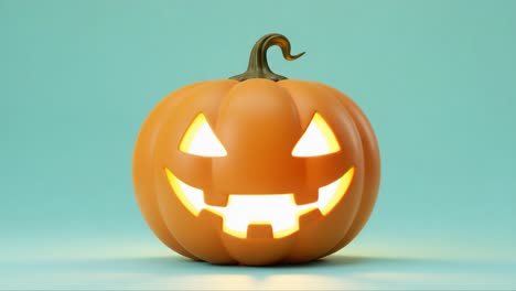 a festive halloween pumpkin with a grinning face, illuminated from within, captured against a soft turquoise background, perfect for celebrating the spooky season