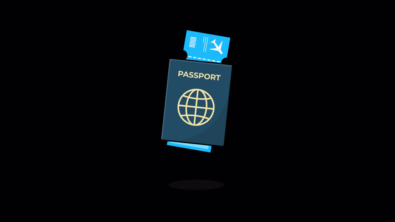 Animated Passport and Plane Ticket Floating on Black Background