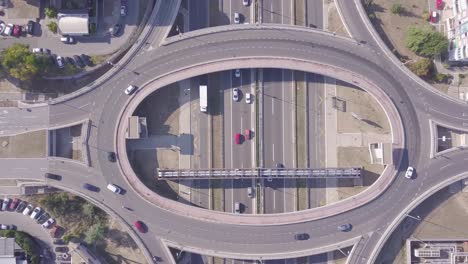 Still-4k-aerial-postcard-shot-of-Roundabout-and-highway,-New-Belgrade