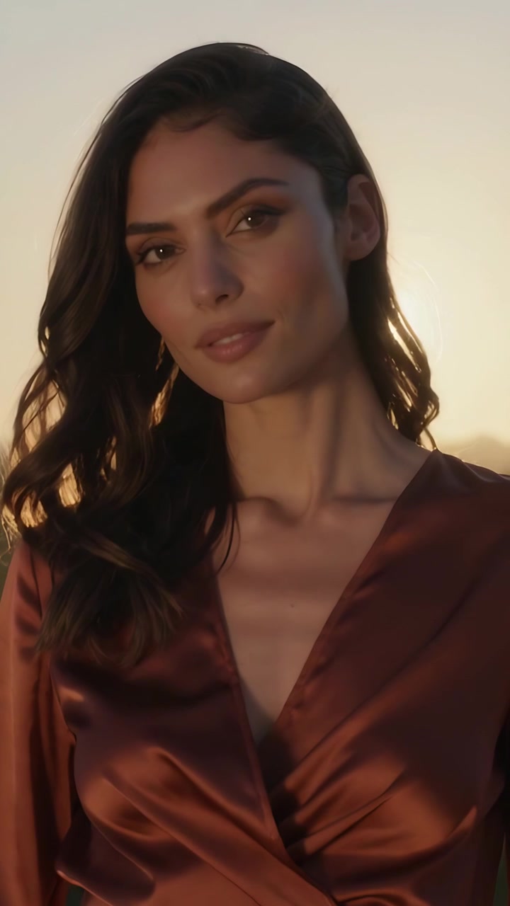 Vertical video: Moving camera in, model tilting and lifting chin on rooftop showing satin dress