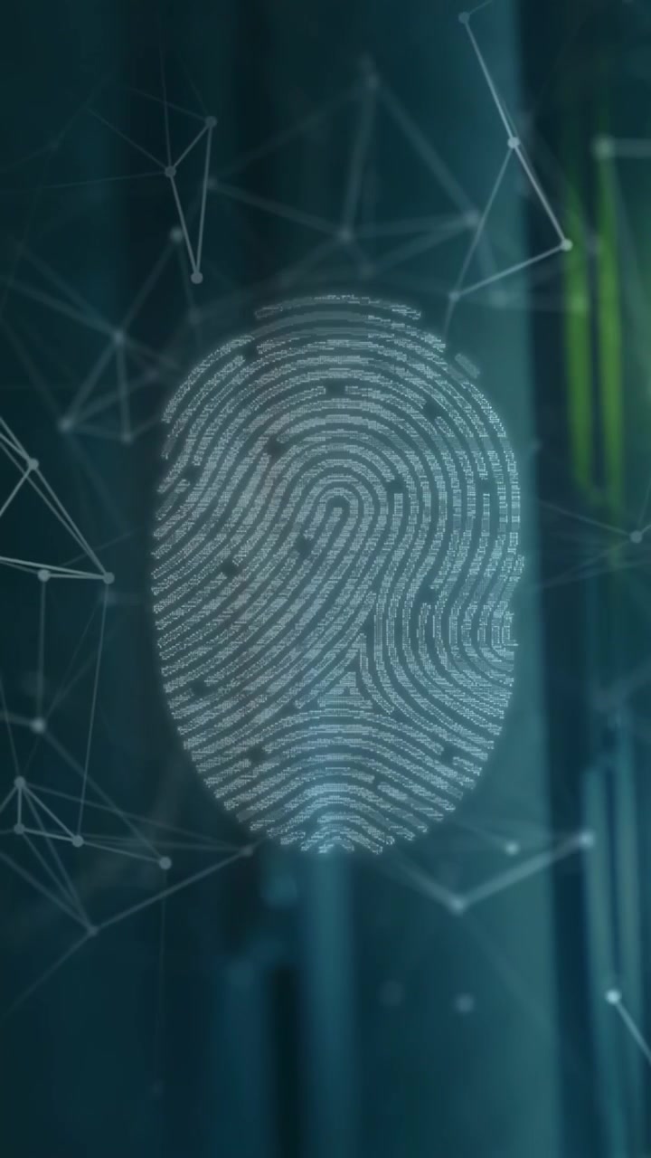 Vertical video: Hologram fingerprint forming from particles, rotating and glitching during ID scan