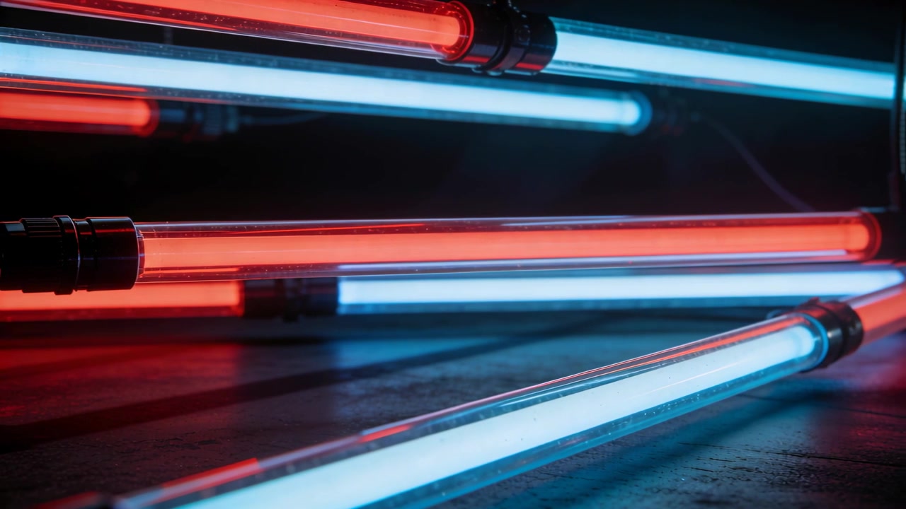 Dropping camera angle revealing glowing red and blue LED tubes on shiny floor, showing connectors