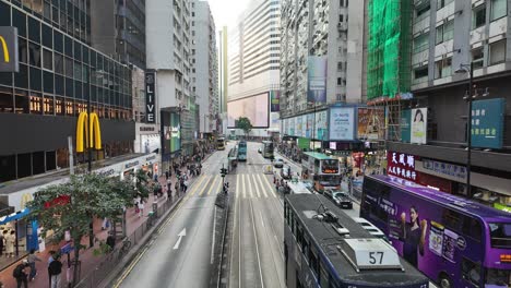 timelapse street view in causeway bay, hong kong, featuring trams and buses navigating through heavy traffic with vibrant city life and towering skyscrapers in the background.