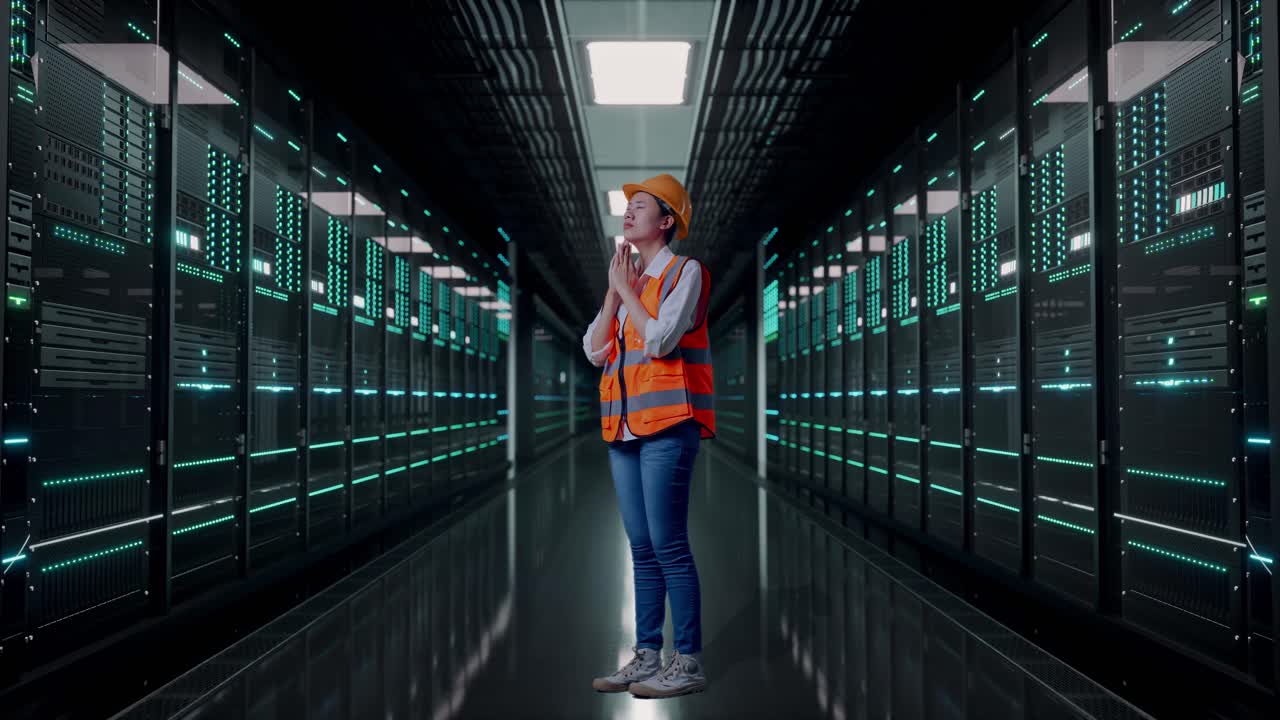 Full Body Side View Of Asian Female Engineer With Safety Helmet Pray For Something While Standing in Server Room Data Center