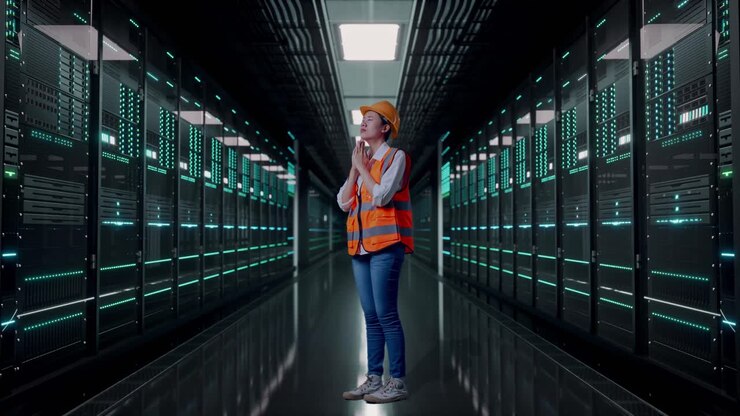 Ingegnera asiatica con elmetto di sicurezza, vista laterale a figura intera, in preghiera mentre si trova in piedi in una sala server di un data center.