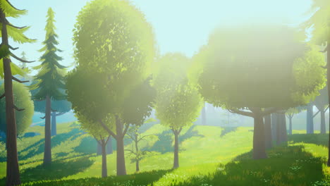paisaje forestal verde de dibujos animados con árboles y flores