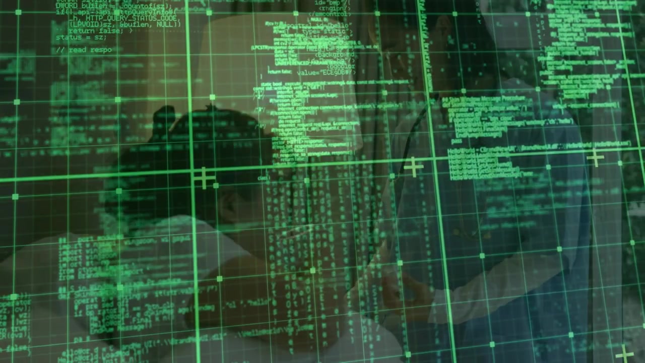 Animation of data processing on digital screen over asian female doctor with patient