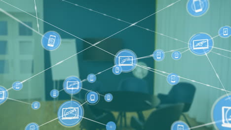 Network-of-connected-devices-animation-over-office-meeting-room-background