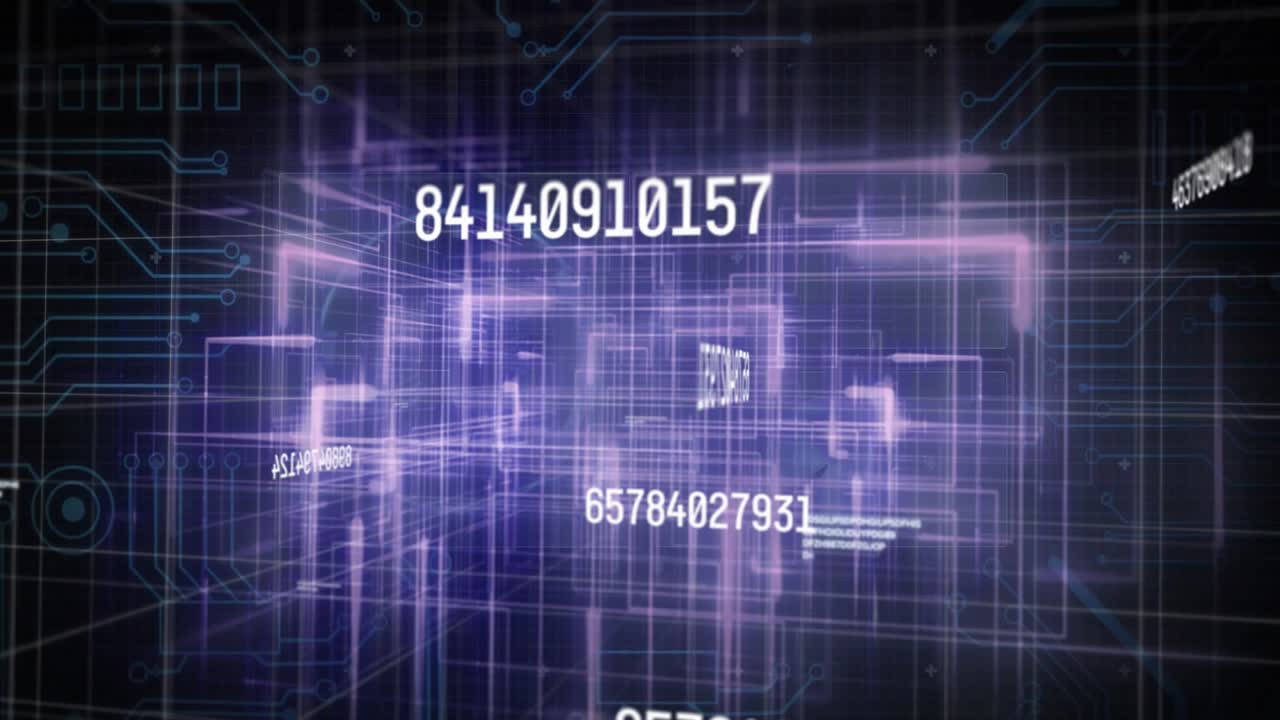 Numeric sequence appearing floating pulsing receding through violet grid showing data flow