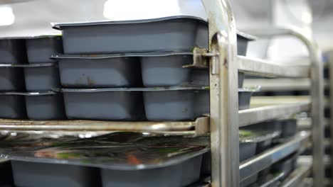 close up of workers hands arranging food boxes in catering food factory