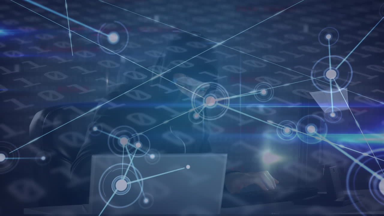 animación de la red de conexiones con hackers y números de codificación binaria que cambian