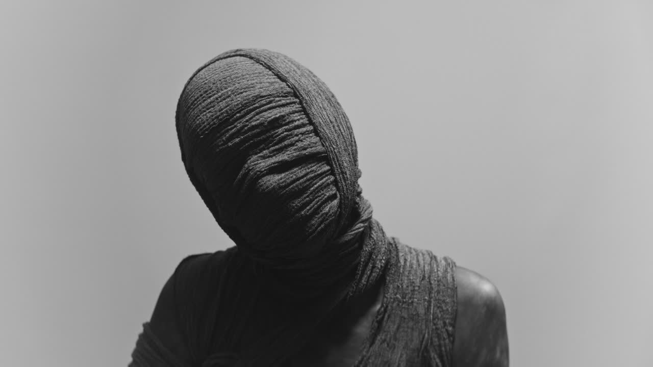 A mummy of a woman on a white backdrop turns her head