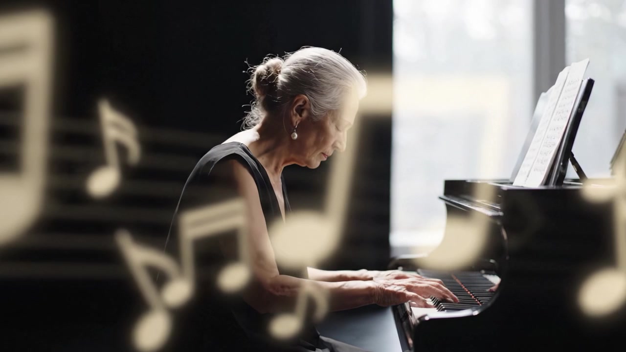 Een gepassioneerde pianist die een zielvolle uitvoering geeft, waarbij de essentie van muziek wordt vastgelegd door expressie en vaardigheid in een schemerige omgeving.