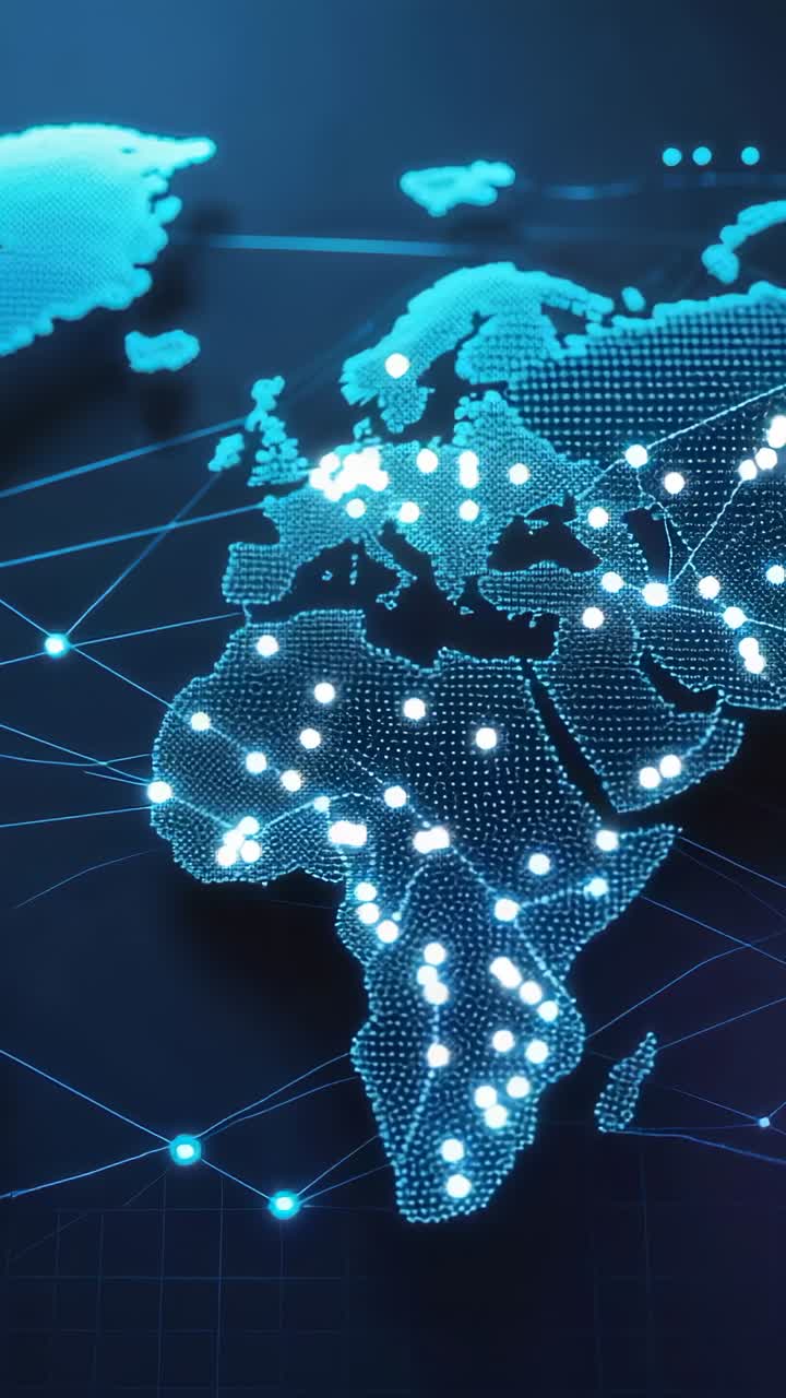 Vertical video: Activating Europe-Africa map connecting nodes on virtual grid, for data exchange