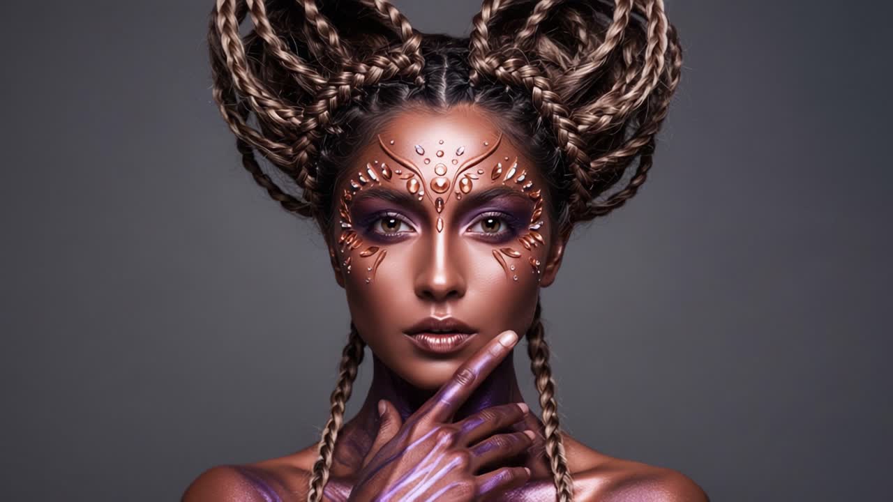 Uno splendido ritratto di una modella artistica con trucco intricato e acconciature uniche che mostrano l'autoespressione creativa e le tecniche di trucco artistico