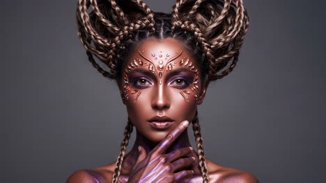 a stunning portrait of an artful model with intricate makeup and unique hairstyles showcasing creative self-expression and artistic makeup techniques