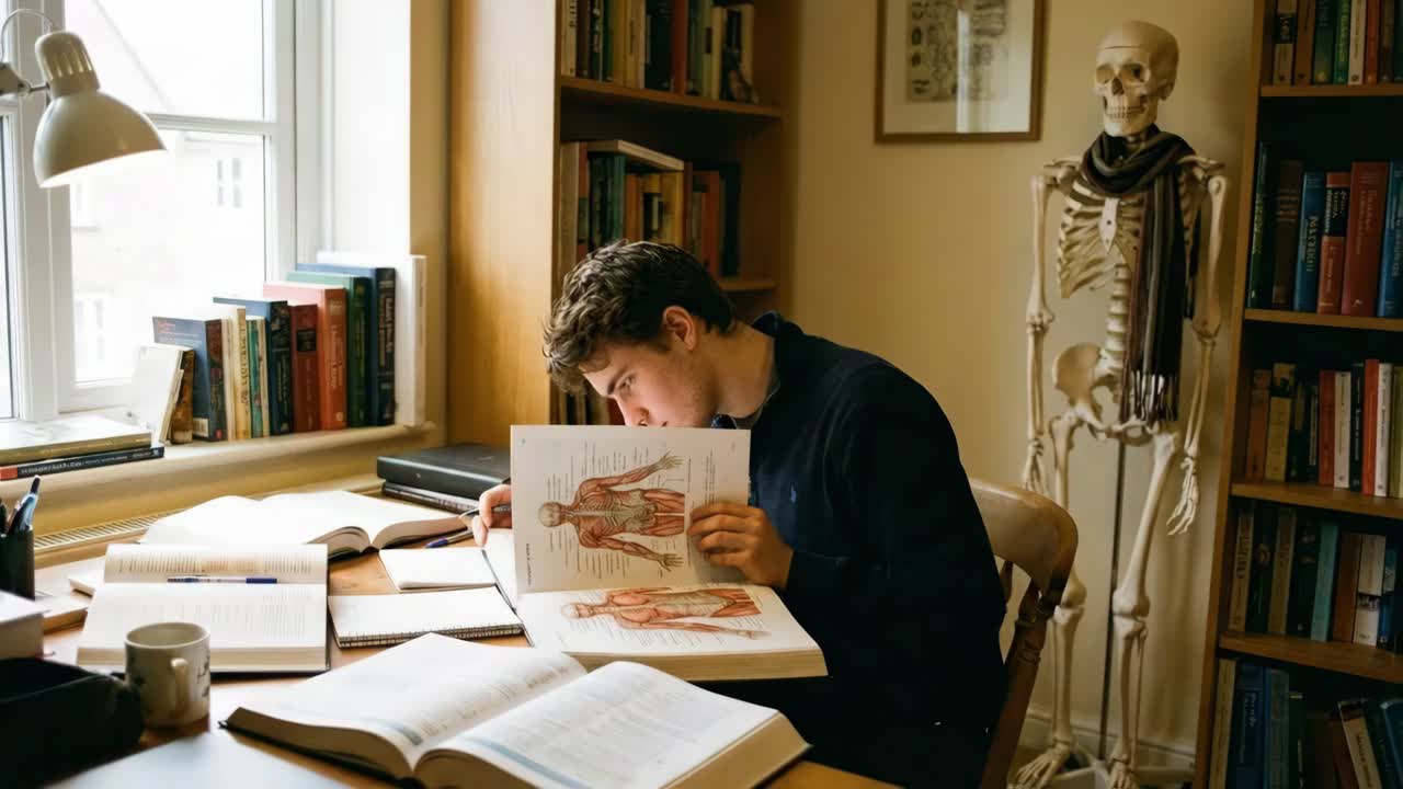 Studente che studia anatomia con scheletro in biblioteca