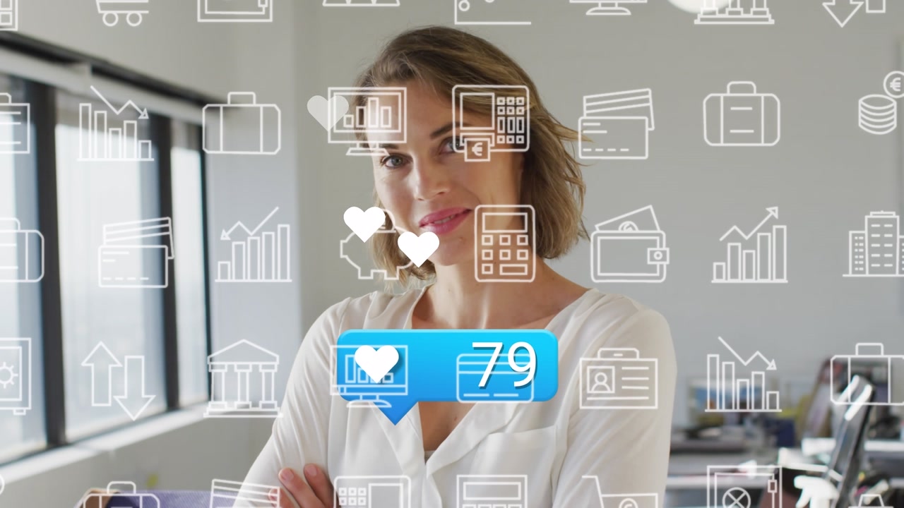Animation of financial icons, social media reactions and happy caucasian woman