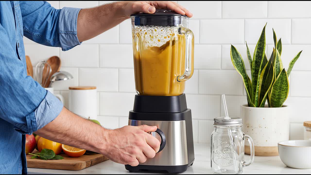 Hender betjener blenderen med frukt og grønnsaker for å lage en sunn smoothie i et moderne kjøkkenmiljø.