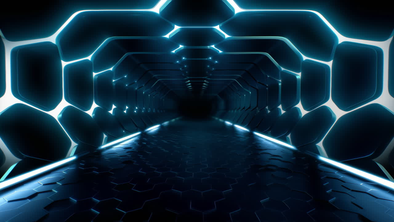 Futuristic neon corridor loop animation camera fly through
