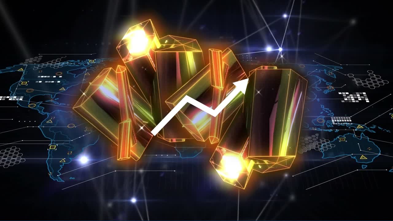 Animation af databehandling over krystaller og et verdenskort.