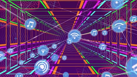 Animation-of-network-of-digital-icons-over-colorful-tunnel-in-seamless-pattern-on-purple-background