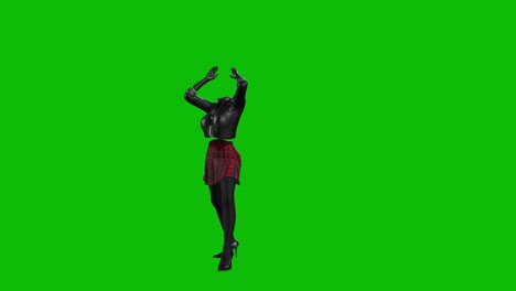 3D-invincible-woman-wearing-leather-jacket,-short-skirt-and-high-heels,-dancing-on-green-screen,-3D-animation