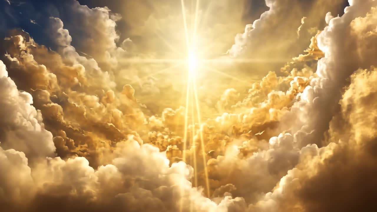 Heavenly scene with golden clouds and radiant light, captured from a low angle