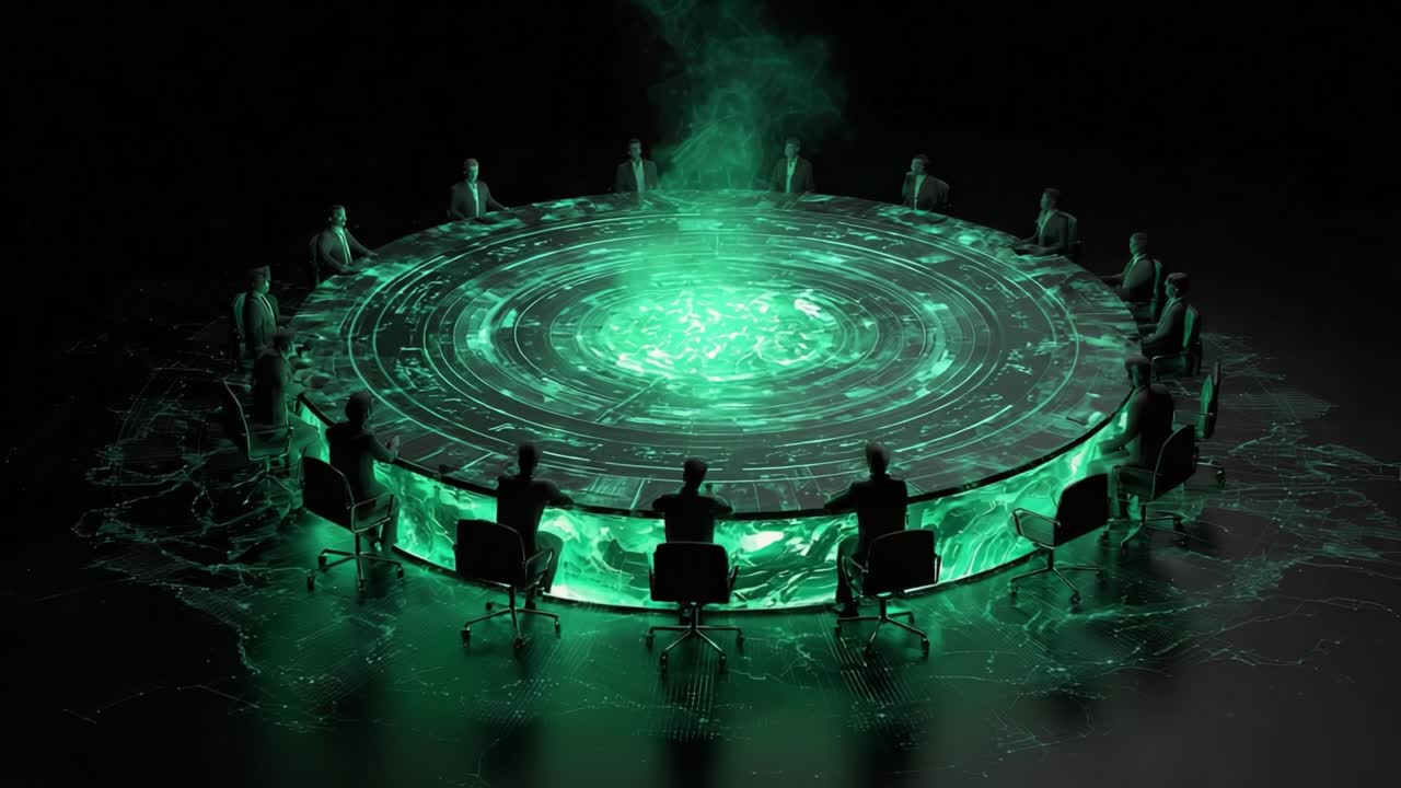 A Mystical Gathering Around a Glowing Circular Table Featuring Data Visualization and Advanced Technology, Symbolizing Collaboration and Knowledge Sharing Among Participants in a Futuristic Environment
