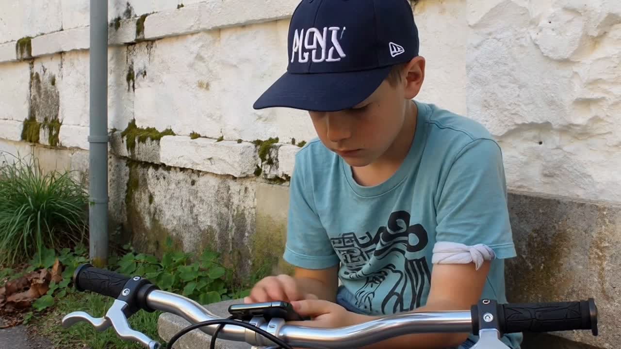 Young Boy on Bicycle Focused on His Smartphone Outdoors