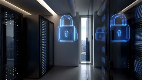 cybersecurity in a server room with digital padlocks